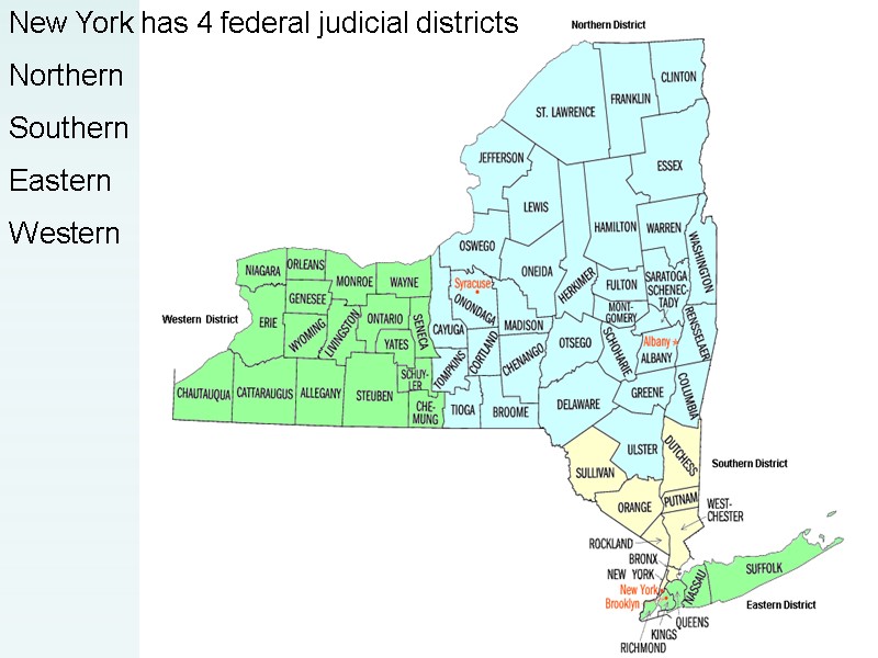 New York has 4 federal judicial districts Northern Southern Eastern  Western